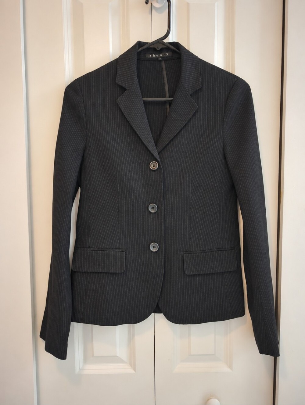 Theory Size 4 Charcoal Pinstripe Linen Blend Tailored Blazer Jacket